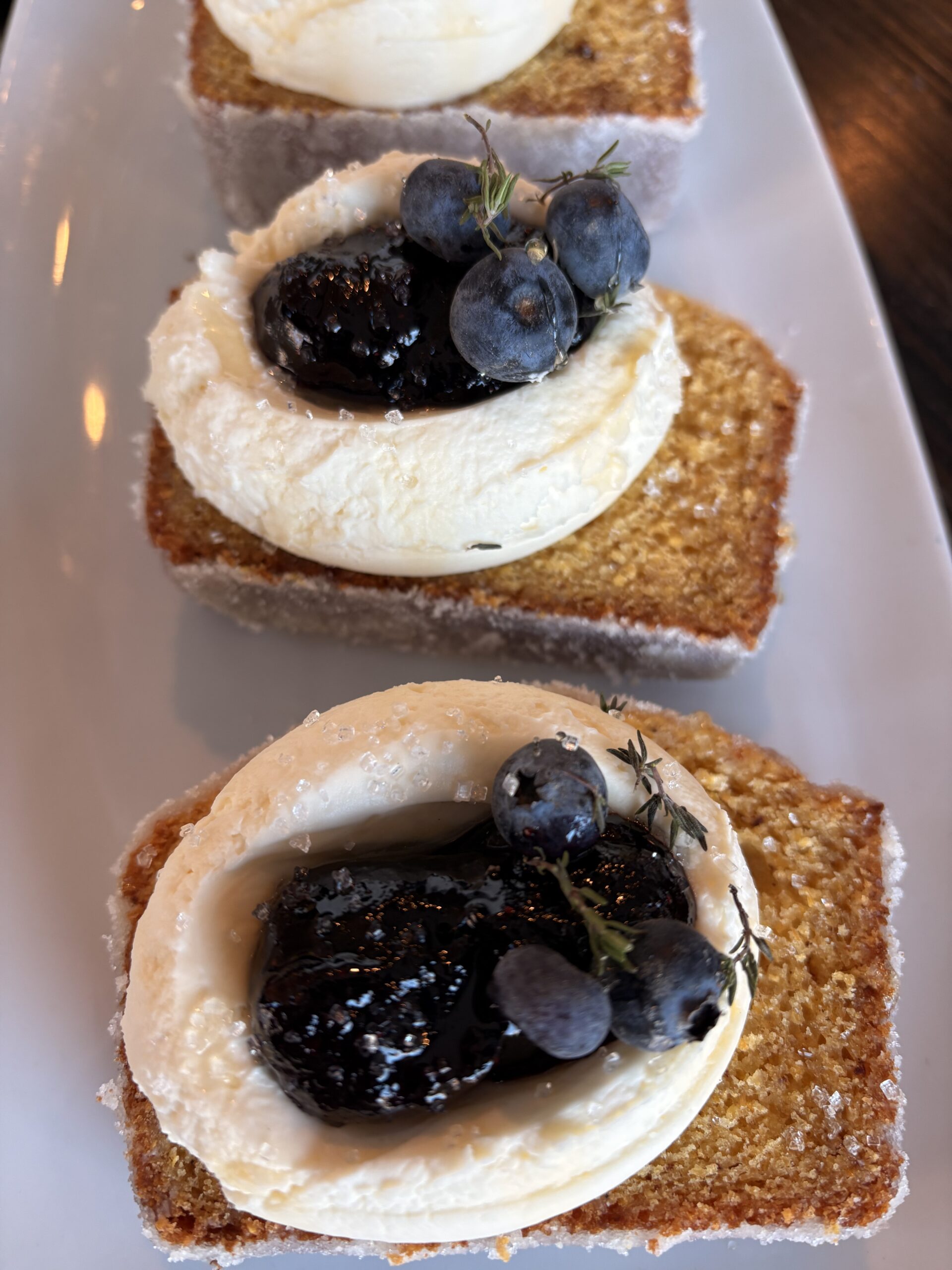 Brown Butter Corn Cake with Honey Mascarpone Whip and Strawberry Jam (slice)