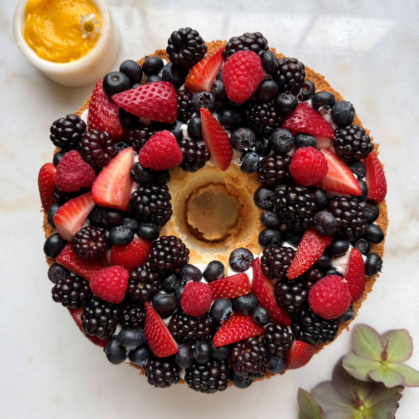 Triple Berry Angel Food Cake with Chantilly Cream & Lemon Curd (Serves 6-8)