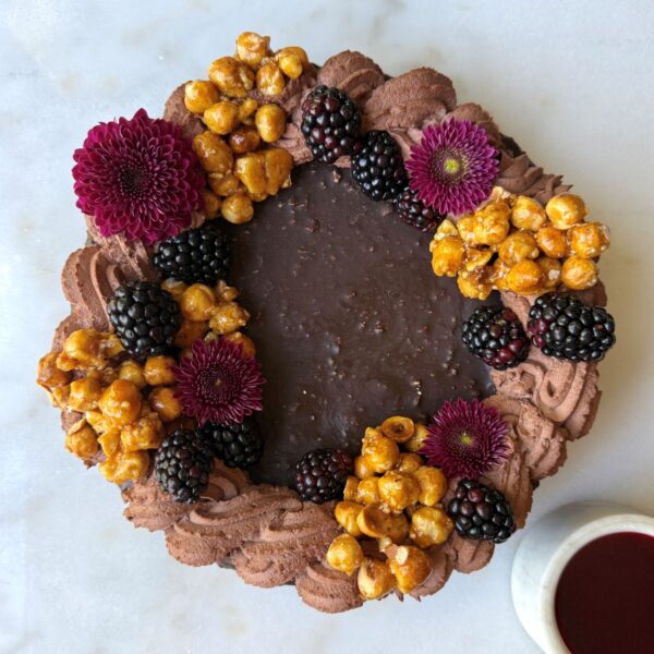 Hazelnut Flourless Chocolate Torte with Blackberry Coulis (GF - Serves 12-16)