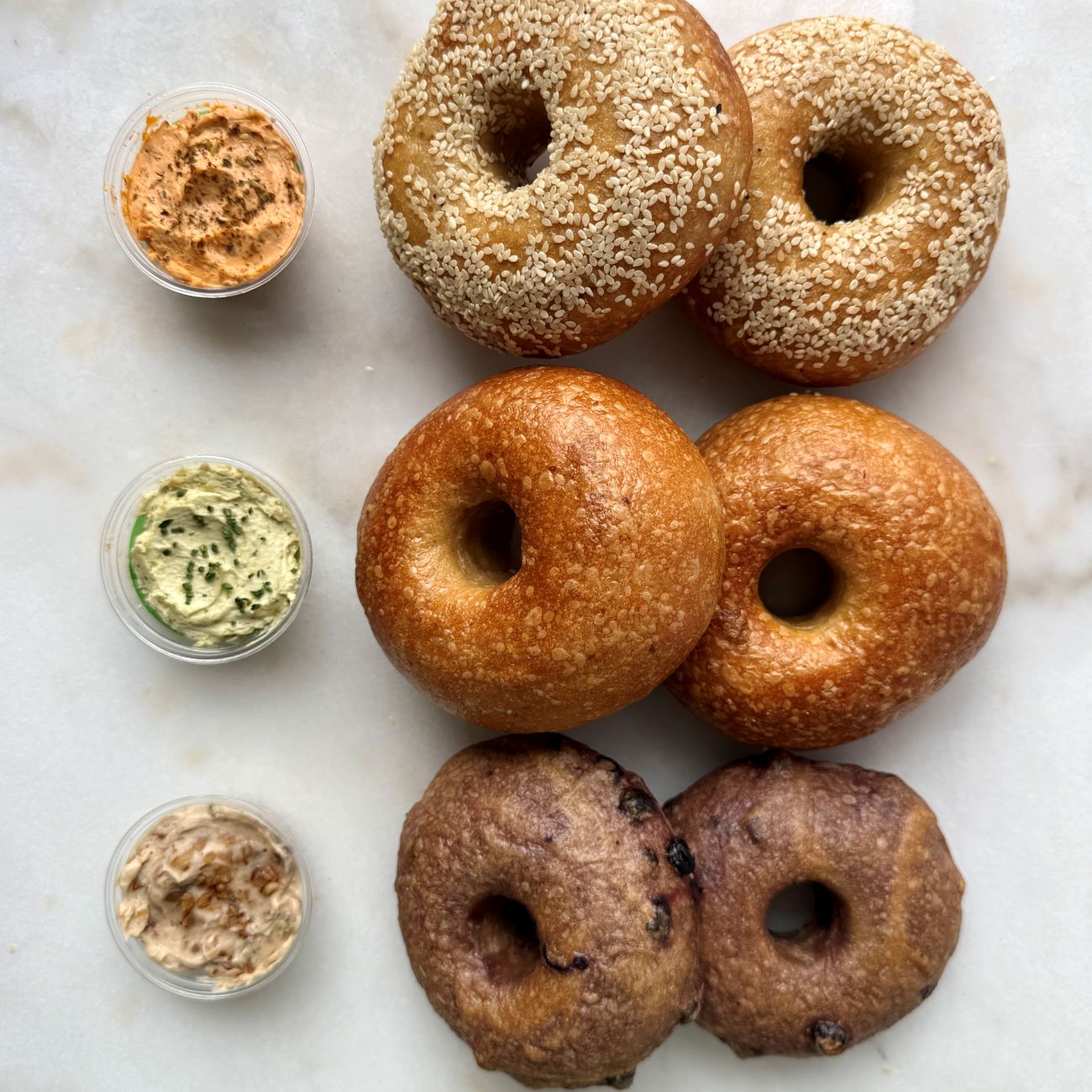 Sourdough Bagel Box (6ct): Sesame, Plain, Blueberry with (3) Cream Cheeses