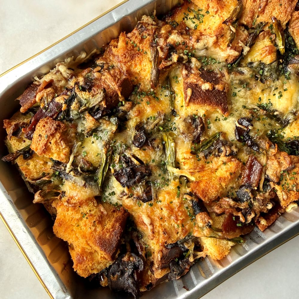 Savory Brioche Strata: Mushroom, Asparagus, Bacon, Swiss Chard, Gruyere