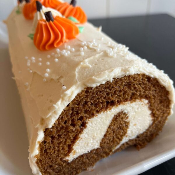 Pumpkin Swiss Roll with Saffron Cream Cheese and Salted Caramel