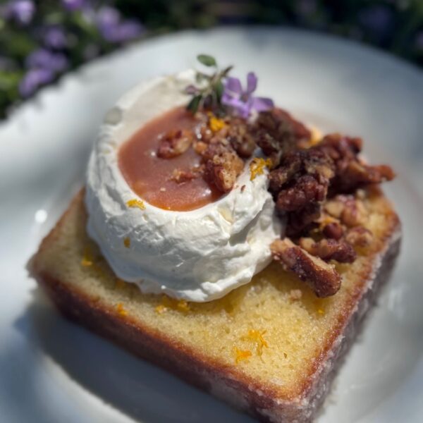 KY Butter Cake with Creme Fraiche, Caramel and Candied Walnuts