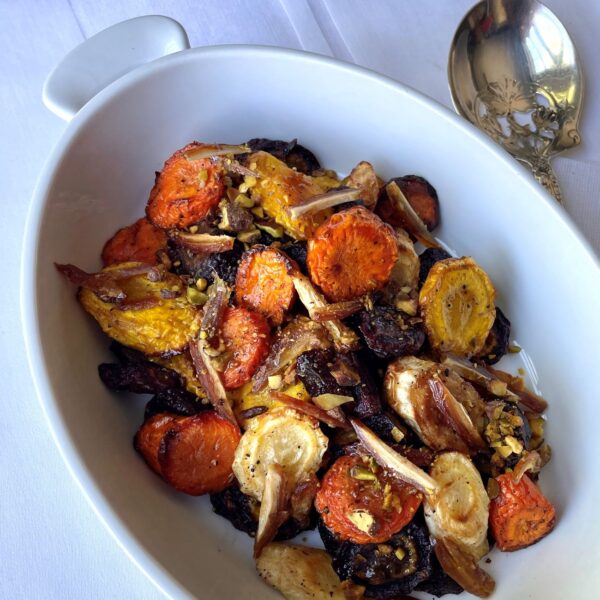 Heirloom Carrots with Preserved Lemon, Dates, Herbs, Pistachios (GF - Serves 6-8)