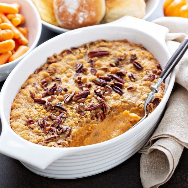 Brown Butter Sweet Potato Casserole with Coconut Pecan Streusel (Serves 6-8)